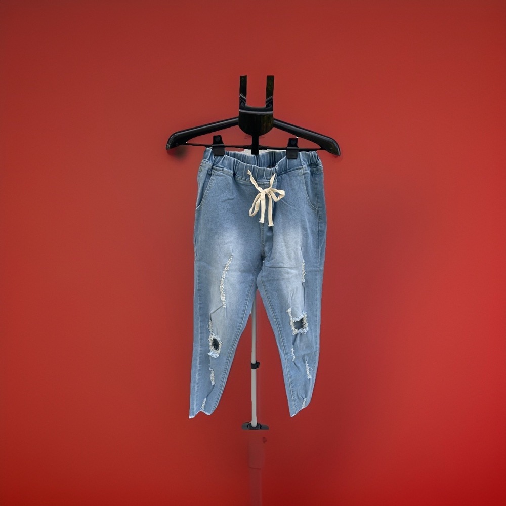 Womens Light Wash Distressed Denim Joggers sz M Drawstring Waist Ripped Jeans‎